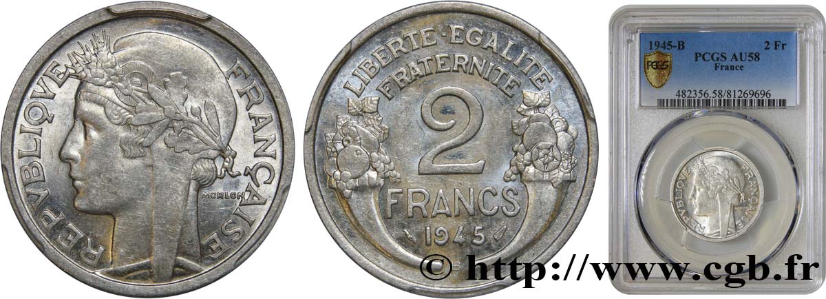 2 francs Morlon, aluminium 1945 Beaumont-Le-Roger F.269/6 VZ58 PCGS