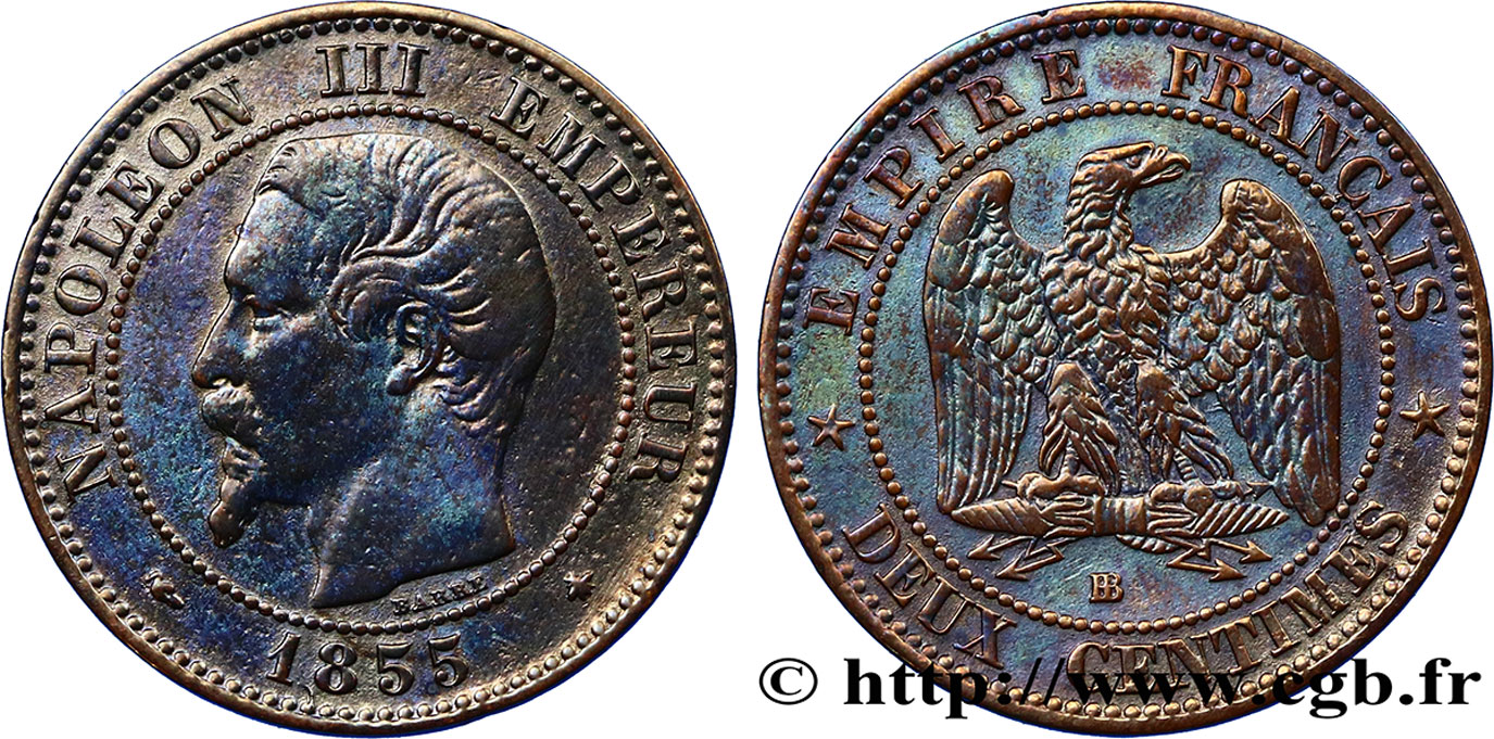 Deux centimes Napoléon III, tête nue 1855 Strasbourg F.107/23 TB35 