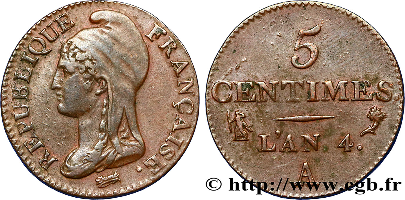 5 centimes Dupré, petit module 1796 Paris F.113/1 AU54 