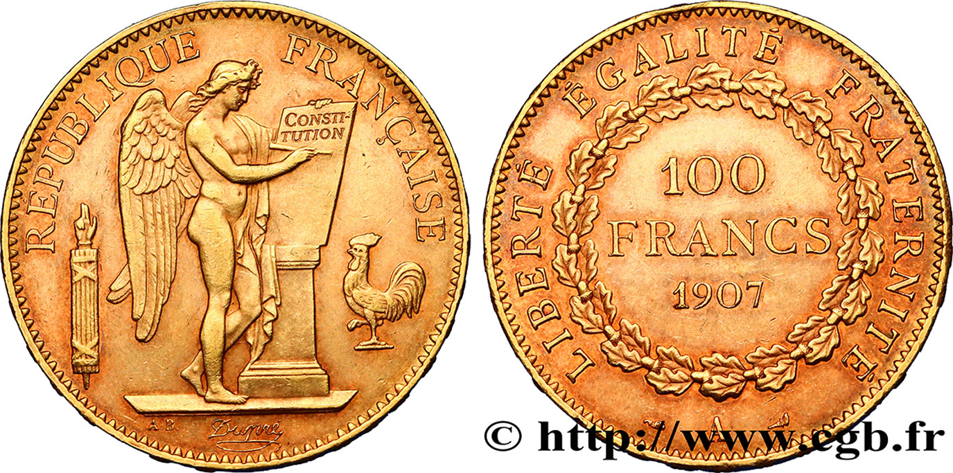 100 francs or Génie, tranche inscrite en relief Liberté Égalité Fraternité 1907 Paris F.553/1 SS52 