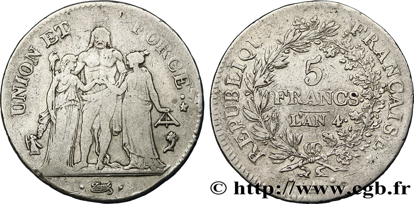 5 francs Union et Force, Union serré, avec glands intérieurs et gland extérieur 1796 Paris F.288/2 TB35