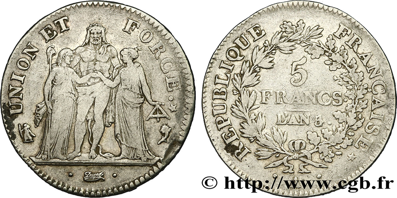 5 francs Union et Force, Union desserré, avec glands intérieurs et gland extérieur 1797 Paris F.291/11 MBC40 