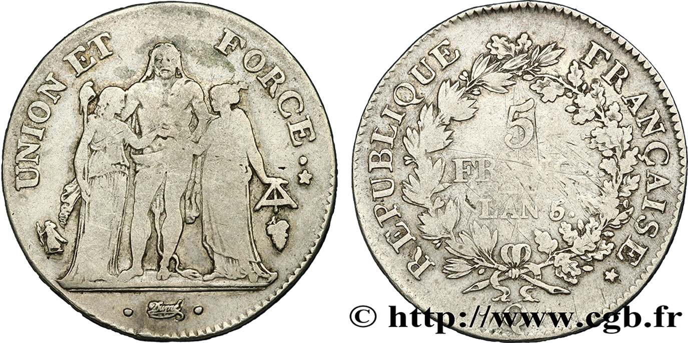 5 francs Union et Force, Union serré, avec glands intérieurs et gland extérieur 1797 Perpignan F.288/25 VF20 
