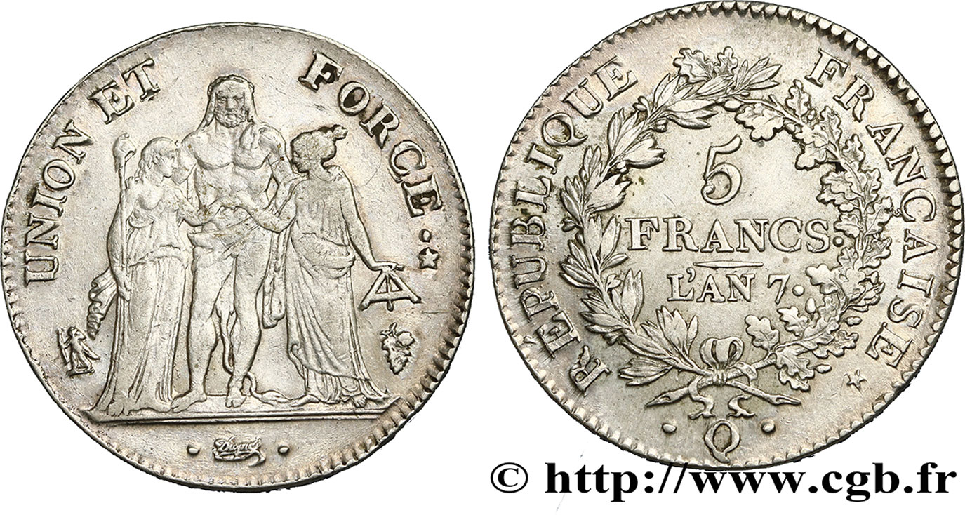 5 francs Union et Force, Union serré, seulement gland extérieur 1799 Perpignan F.288/118 XF48 