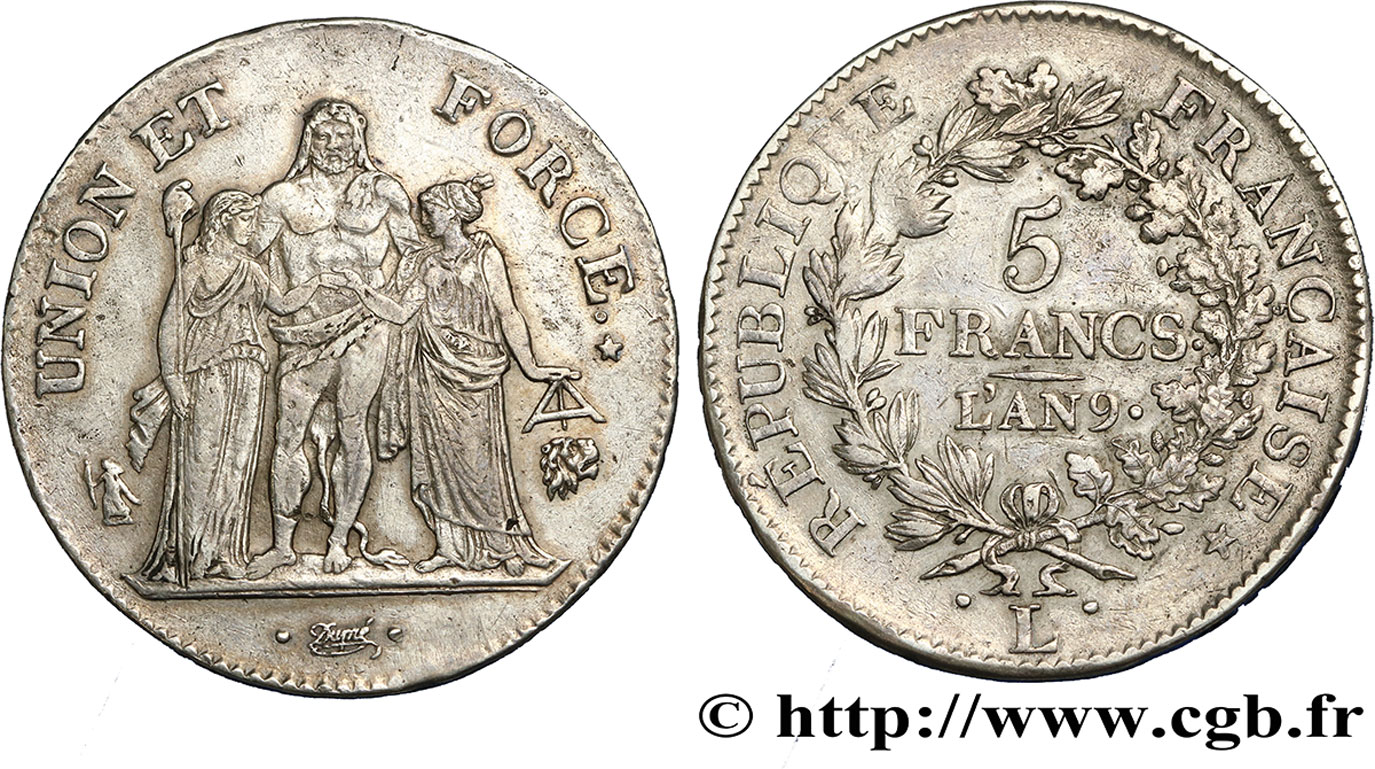 5 francs Union et Force, Union serré, avec glands intérieurs et gland extérieur 1801 Bayonne F.288/161 XF48 