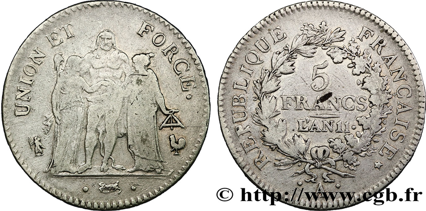 5 francs Union et Force, Union serré, seulement glands intérieurs 1803 Paris F.288/189 TB+