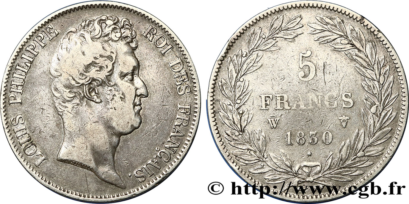 5 francs type Tiolier sans le I, tranche en creux 1830 Lille F.313/4 TB20