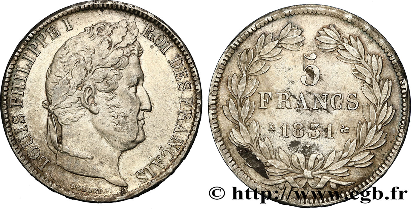 5 francs Ier type Domard, tranche en creux 1831 Bordeaux F.319/4 AU50 