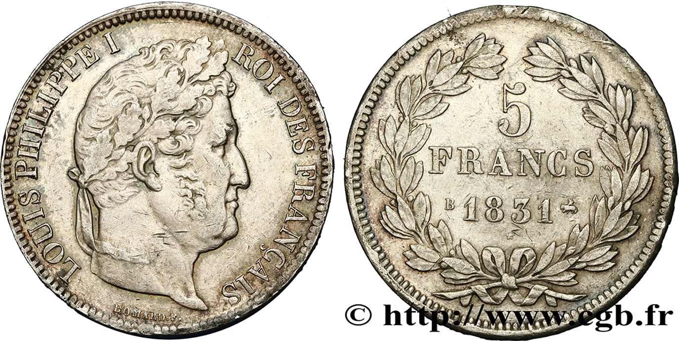 5 francs Ier type Domard, tranche en relief 1831 Rouen F.320/2 AU50 