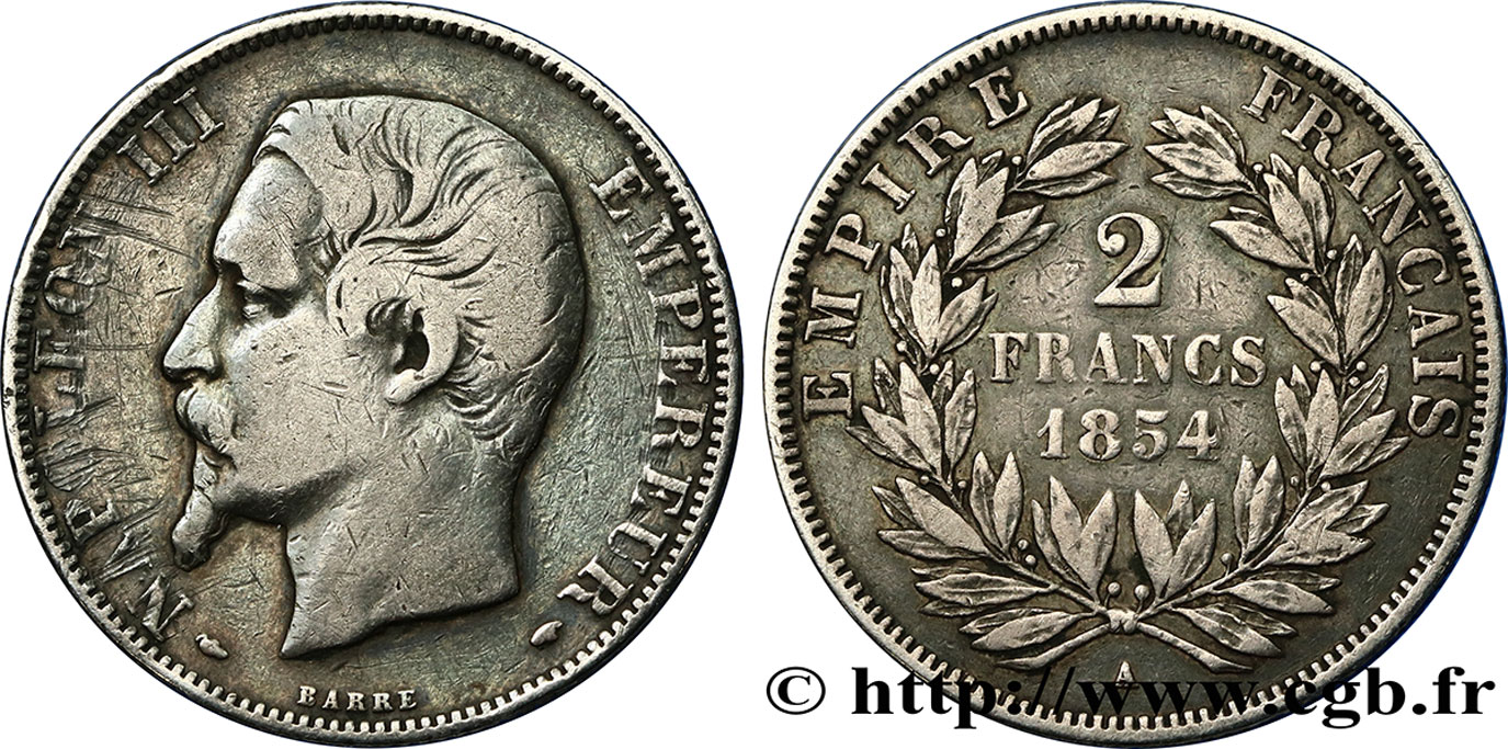 2 francs Napoléon III, tête nue 1854 Paris F.262/2 VF30 