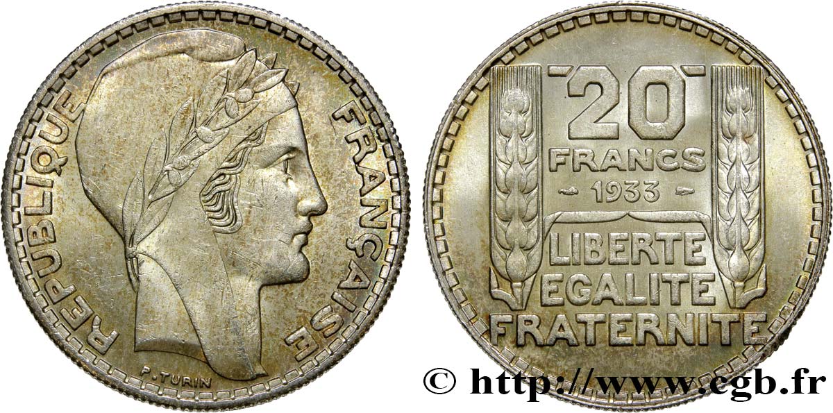 20 francs Turin, rameaux courts 1933  F.400/4 AU58 