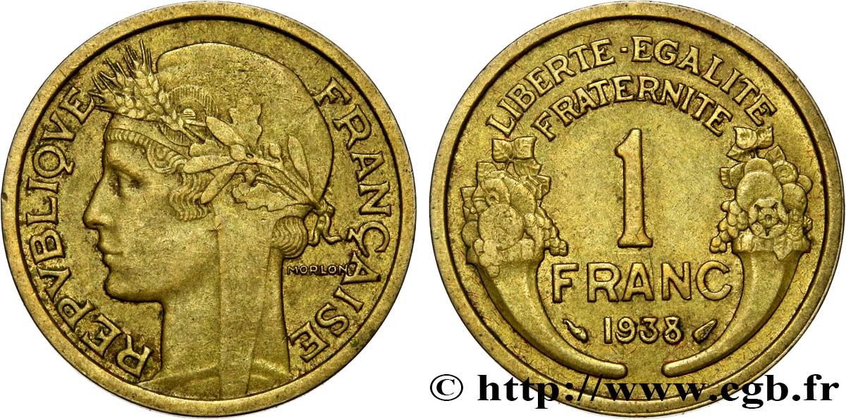 1 franc Morlon, désaxée à 3h00 1938 Paris F.219/9 TTB50 