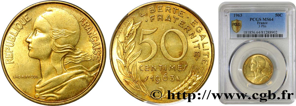 50 centimes Marianne, col à trois plis 1963 Paris F.197/4 fST64 PCGS