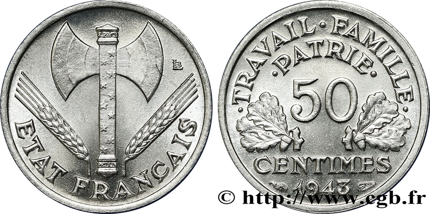 50 centimes Francisque, légère 1943 F.196/2 SUP60