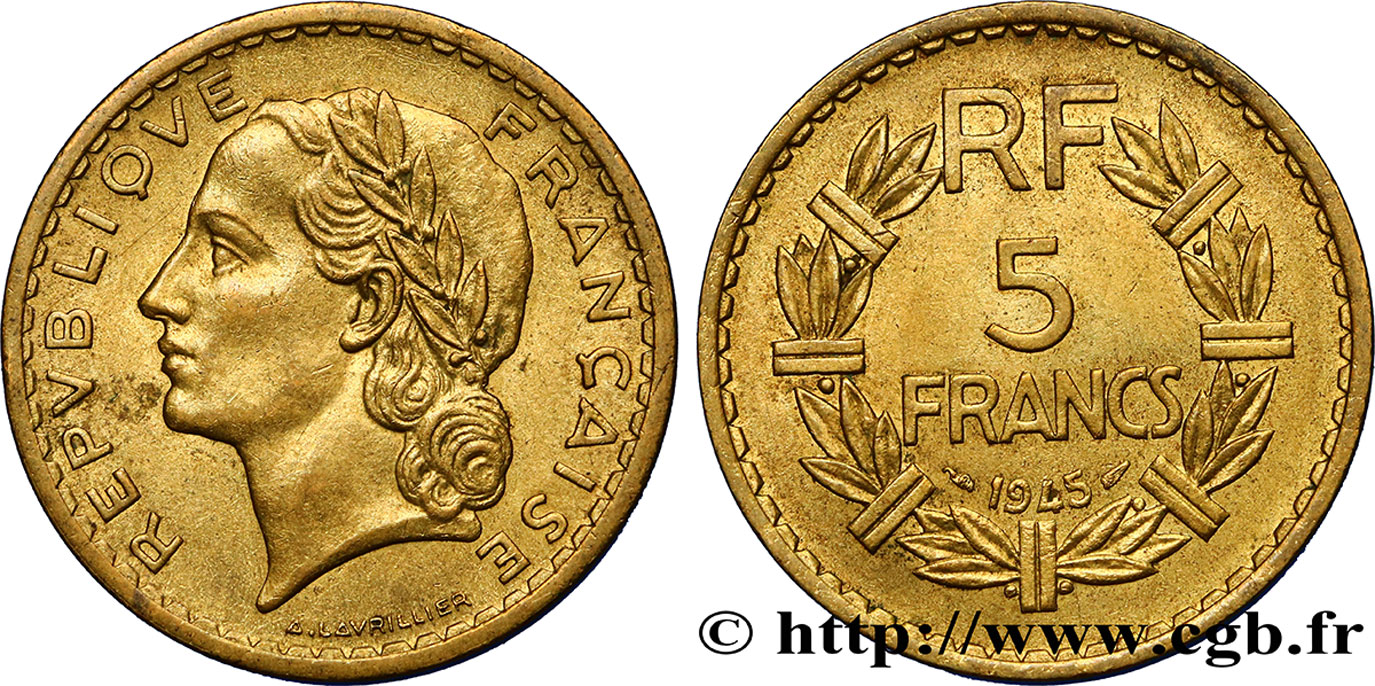 5 francs Lavrillier, bronze-aluminium 1945  F.337/5 TTB52 