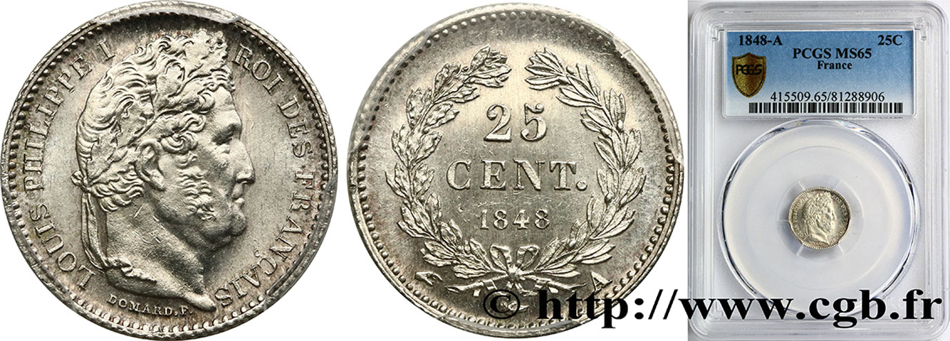 25 centimes Louis-Philippe 1848 Paris F.167/12 FDC65 PCGS