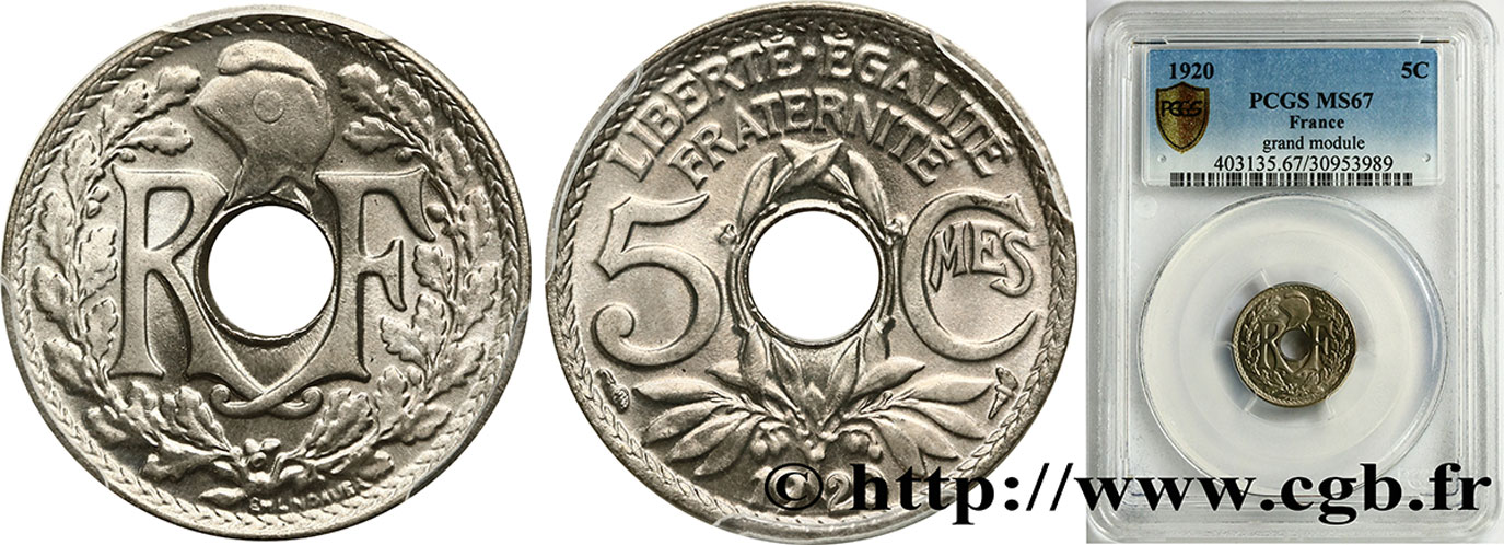 5 centimes Lindauer, grand module 1920 Paris F.121/4 MS67 PCGS