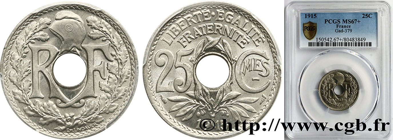25 centimes Lindauer, Cmes souligné 1915  F.170/3 ST67 PCGS