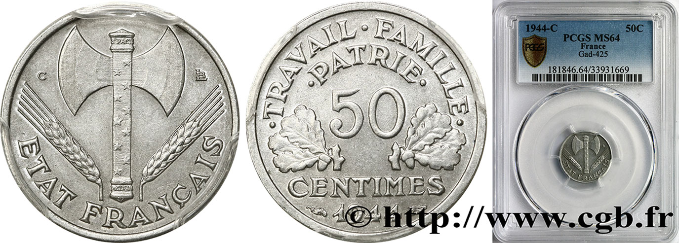 50 centimes Francisque, légère 1944 Castelsarrasin F.196/6 SPL64 PCGS