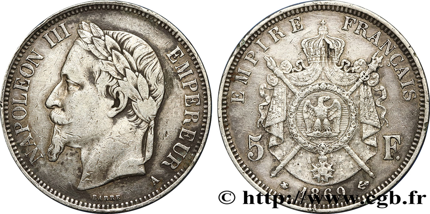 5 francs Napoléon III, tête laurée 1869 Paris F.331/14 S30 