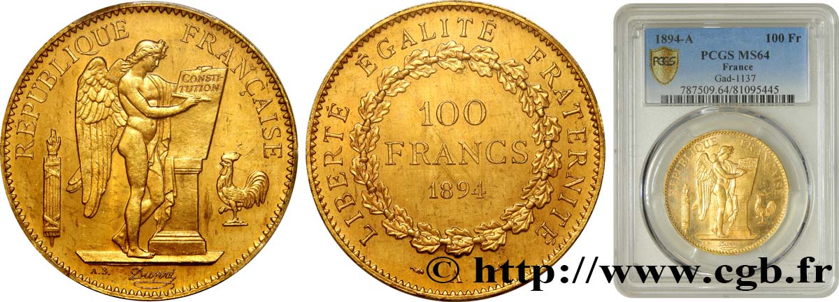 100 francs génie tranche inscrite en relief Dieu protège la France 1894 Paris F.552/10 MS64 PCGS