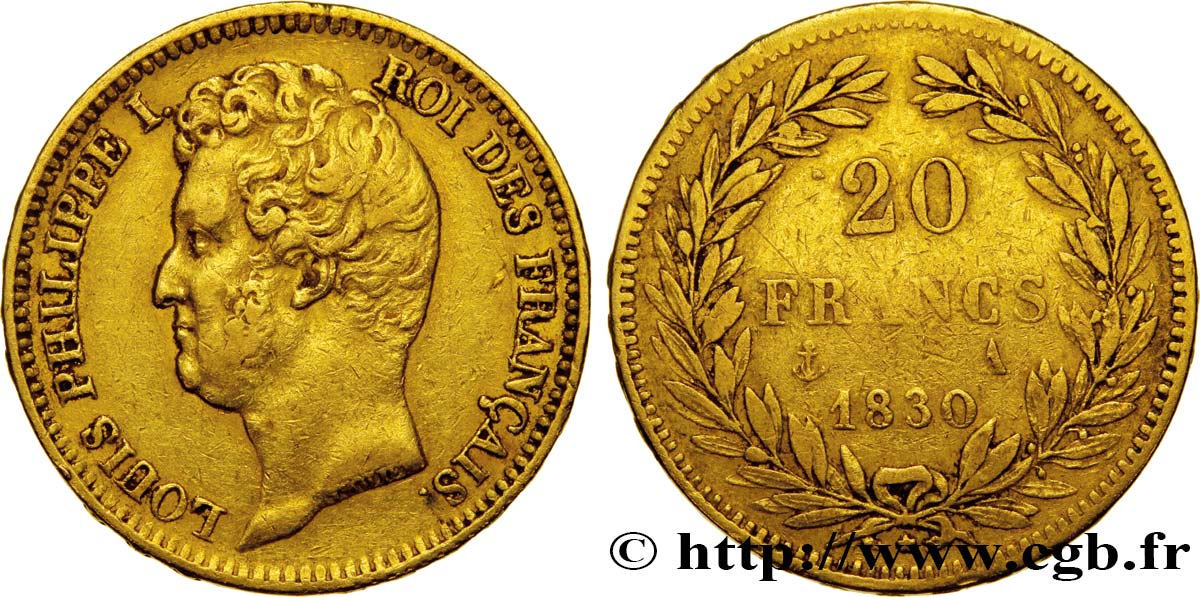 20 francs or Louis-Philippe, Tiolier, tranche inscrite en relief 1830 Paris F.525/1 VF30 