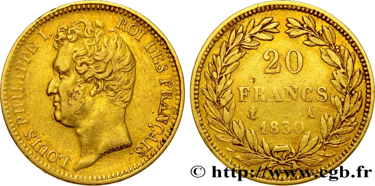 20 francs or Louis-Philippe, Tiolier, tranche inscrite en creux 1830 Paris F.524/1 VF35 