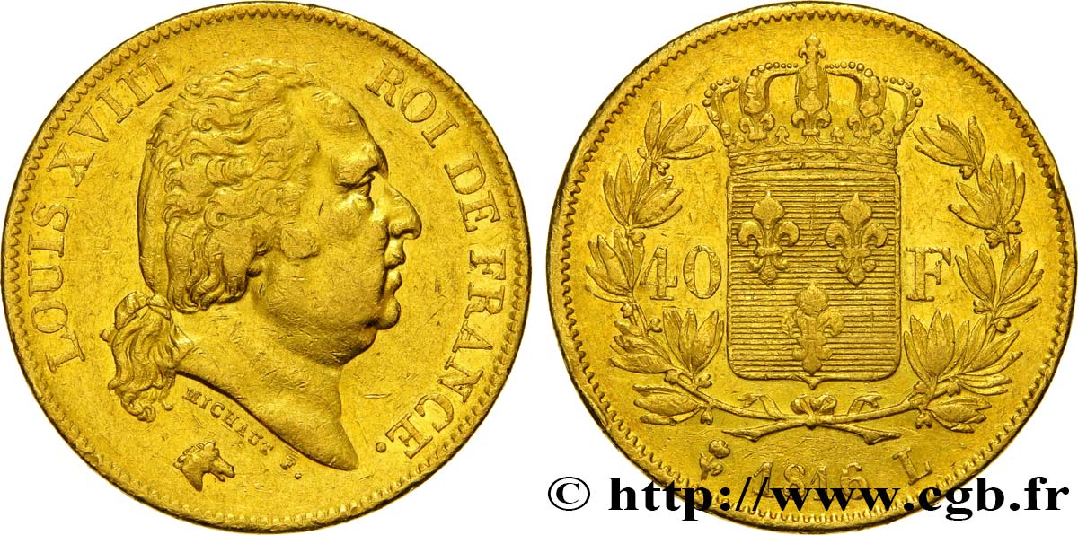 40 francs or Louis XVIII 1816 Bayonne F.542/3 VF35 