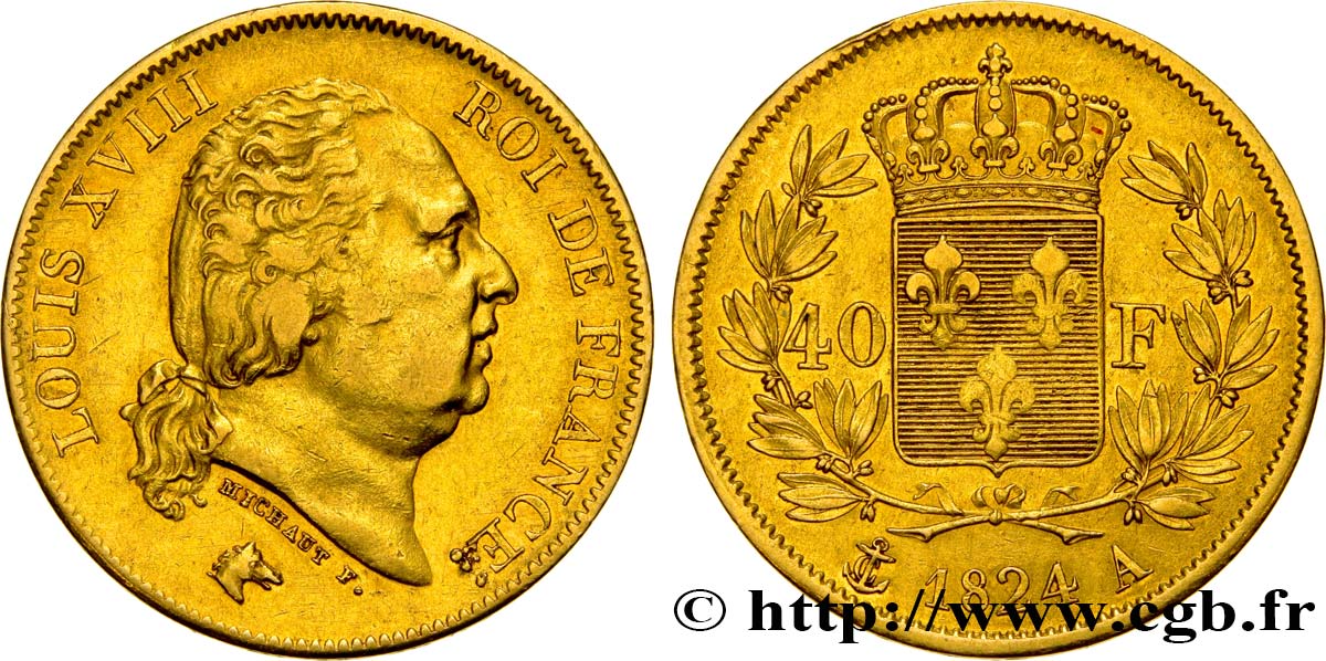 40 francs or Louis XVIII 1824 Paris F.542/15 XF45 