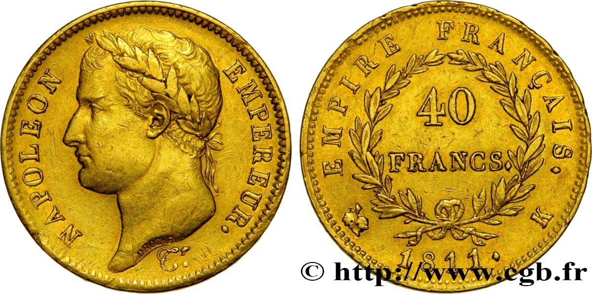 40 francs or Napoléon tête laurée, Empire français 1811 Bordeaux F.541/8 MBC48 