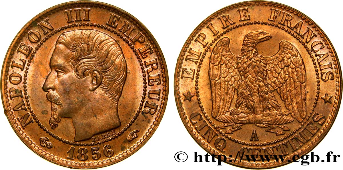Cinq centimes Napoléon III, tête nue 1856 Paris F.116/30 fST63 