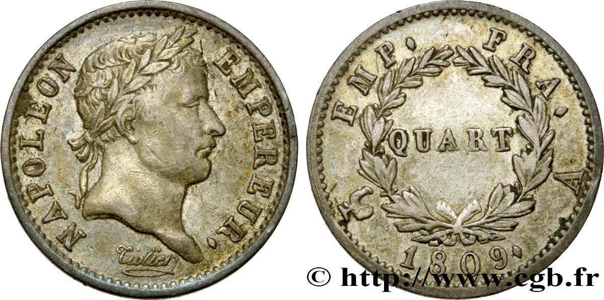 Quart (de franc) Napoléon Ier tête laurée, Empire français 1809 Paris F.162/1 TTB45 