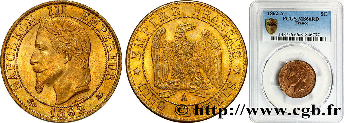Cinq centimes Napoléon III, tête laurée 1862 Paris F.117/7 FDC66 PCGS