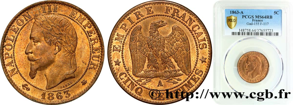Cinq centimes Napoléon III, tête laurée 1863 Paris F.117/10 SPL64 PCGS