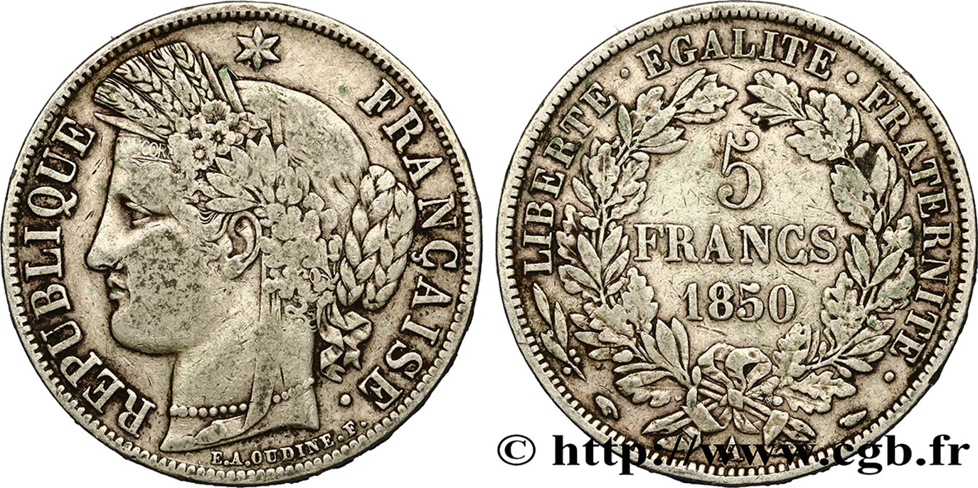 5 francs Cérès, IIe République 1850 Paris F.327/4 VF35