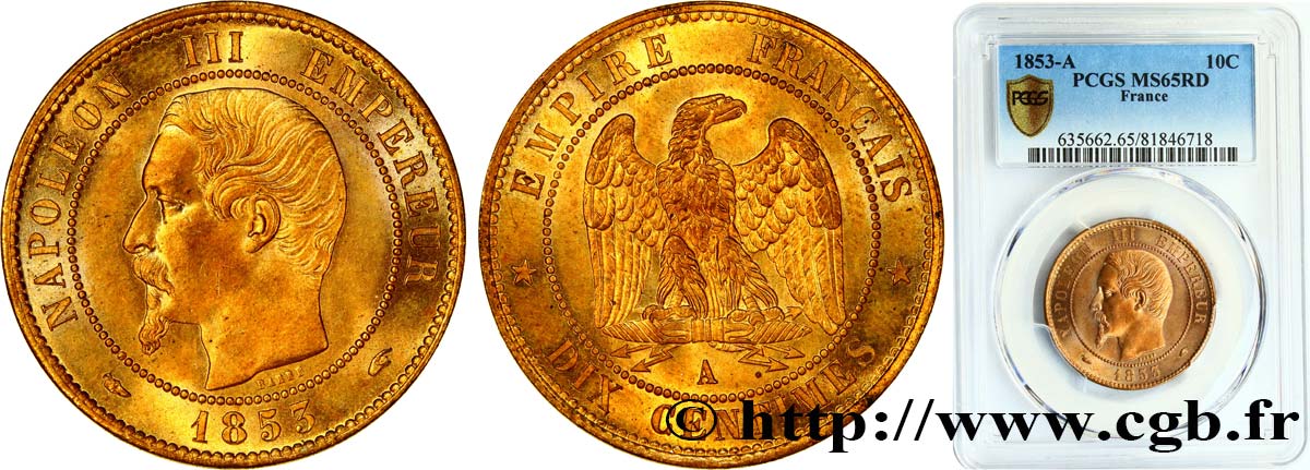 Dix centimes Napoléon III, tête nue 1853 Paris F.133/2 MS65 PCGS