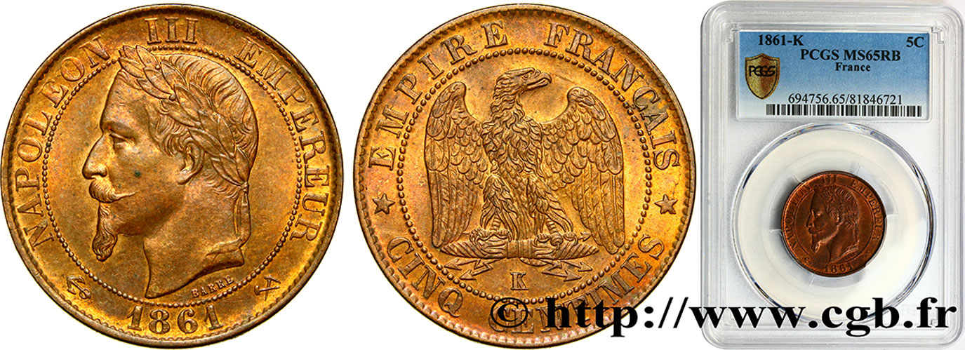 Cinq centimes Napoléon III, tête laurée 1861 Bordeaux F.117/6 FDC65 PCGS