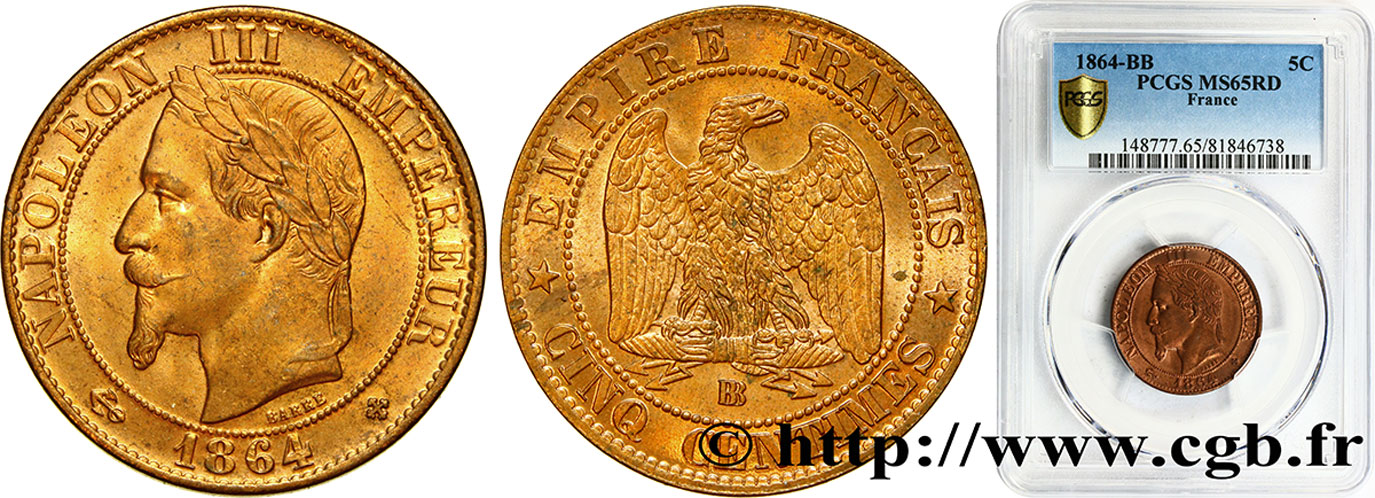 Cinq centimes Napoléon III, tête laurée 1864 Strasbourg F.117/14 MS65 PCGS