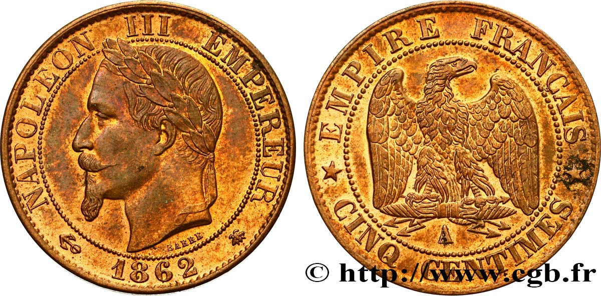 Cinq centimes Napoléon III, tête laurée 1862 Paris F.117/7 SUP60 