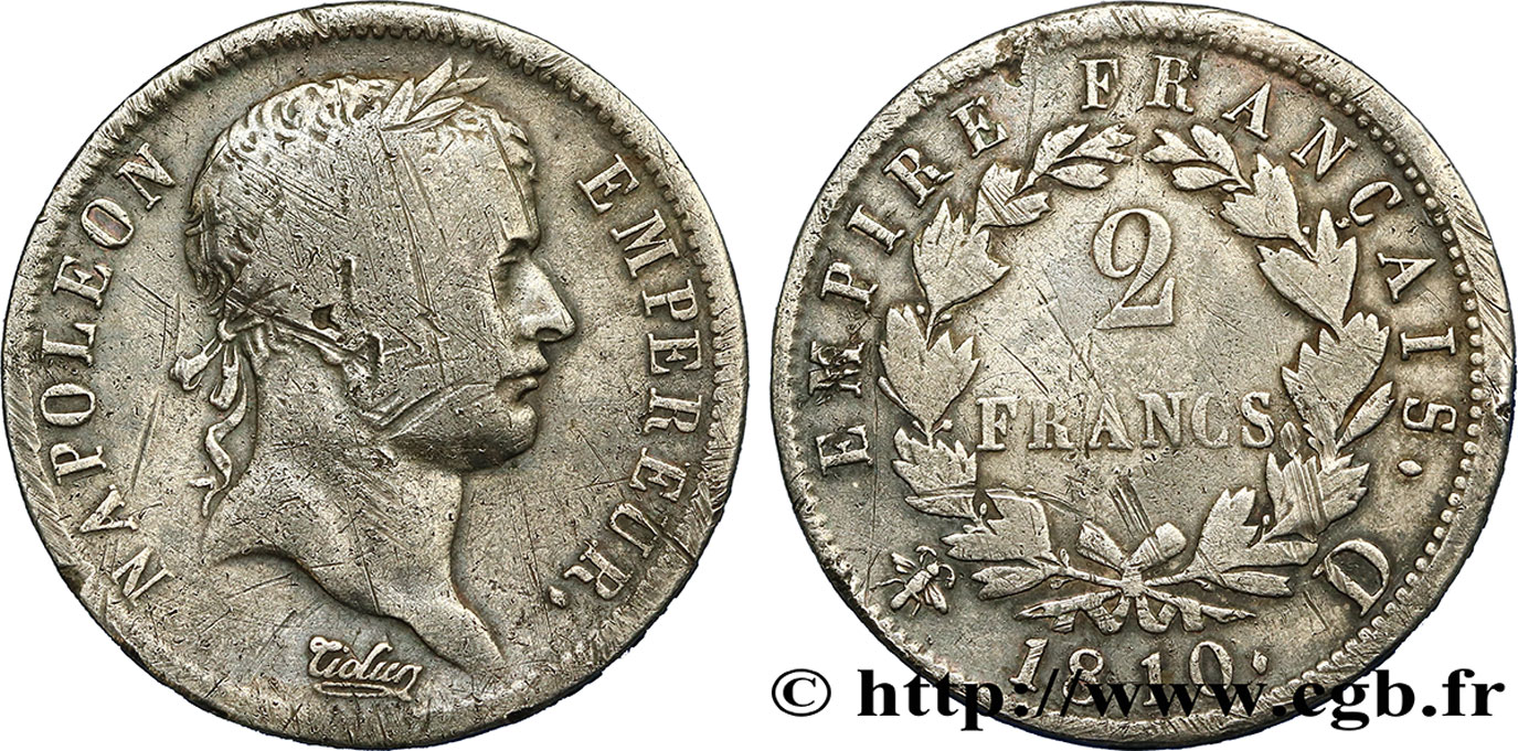 2 francs Napoléon Ier tête laurée, Empire français 1810 Lyon F.255/13 B14 