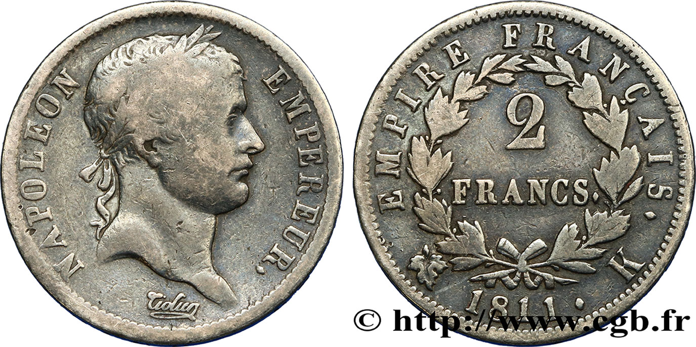 2 francs Napoléon Ier tête laurée, Empire français 1811 Bordeaux F.255/30 MB15 