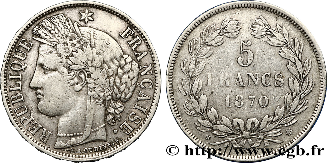 5 francs Cérès, sans légende 1870 Bordeaux F.332/3 XF40 