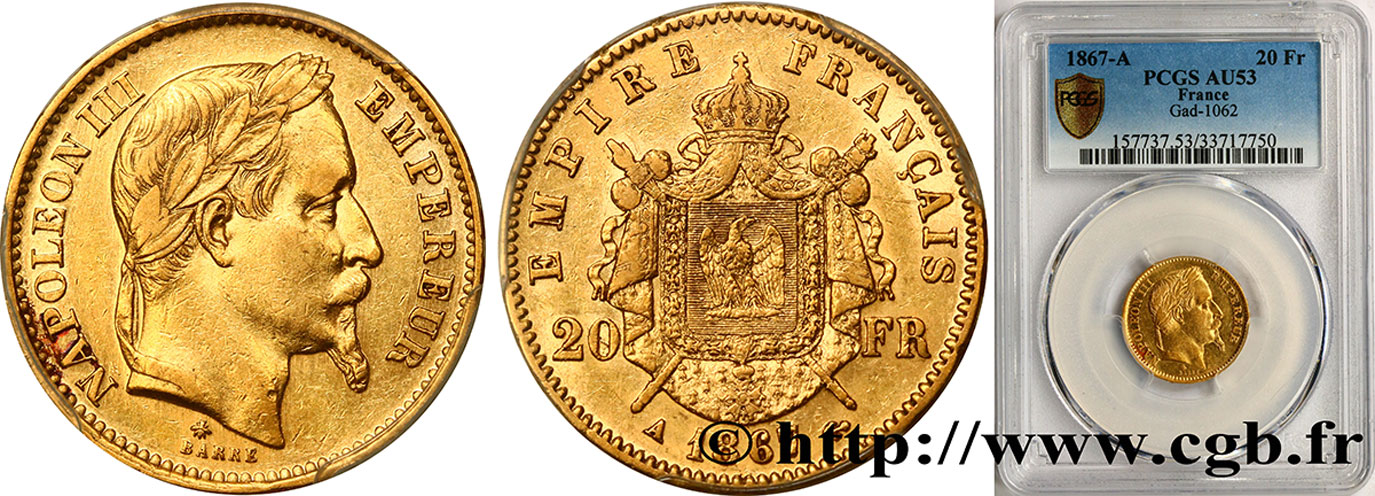 20 francs or Napoléon III, tête laurée 1867 Paris F.532/15 BB53 PCGS