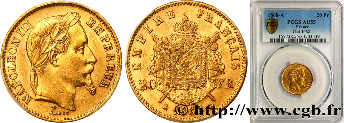 20 francs or Napoléon III, tête laurée 1868 Paris F.532/18 SUP55 PCGS
