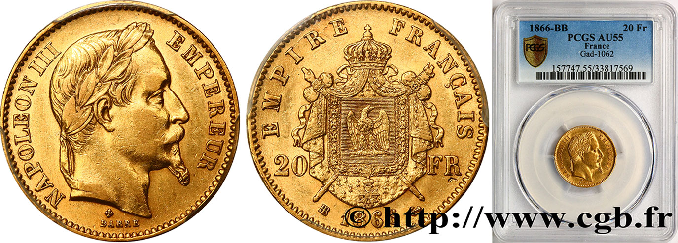 20 francs or Napoléon III, tête laurée 1866 Strasbourg F.532/14 AU55 PCGS