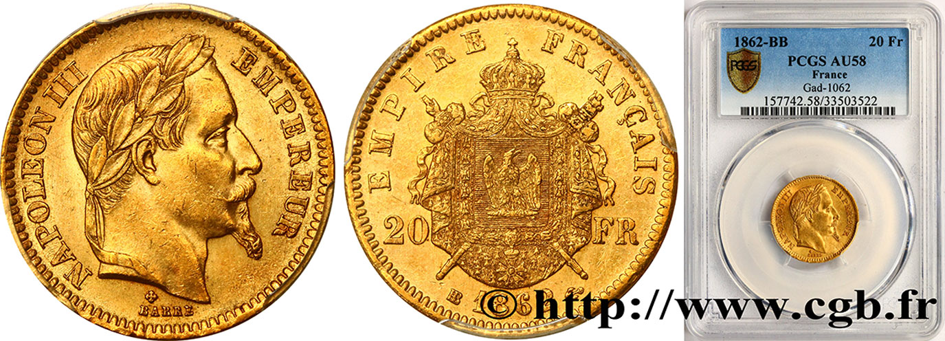 20 francs or Napoléon III, tête laurée 1862 Strasbourg F.532/5 AU58 PCGS