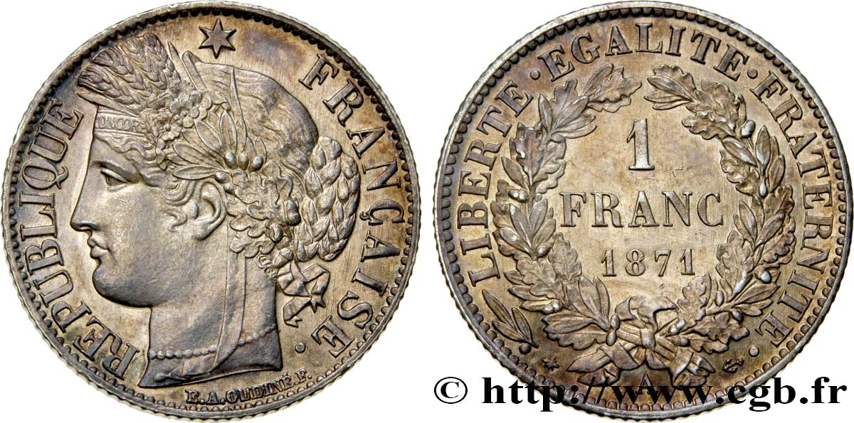 1 franc Cérès, IIIe République, grand A 1871 Paris F.216/1 MS63 