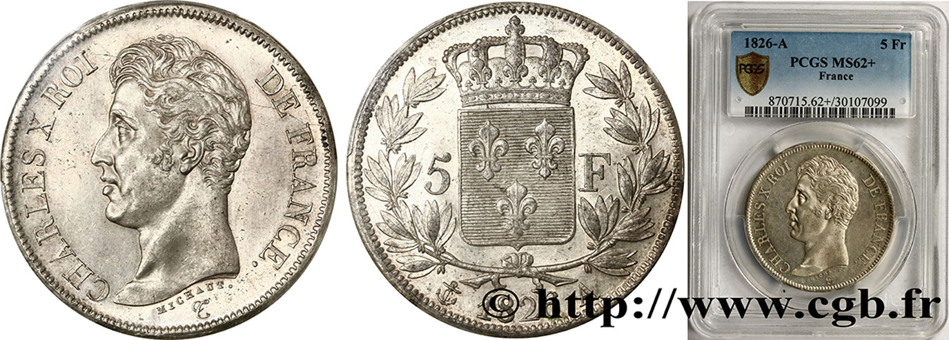 5 francs Charles X, 1er type 1826 Paris F.310/15 SUP62 PCGS