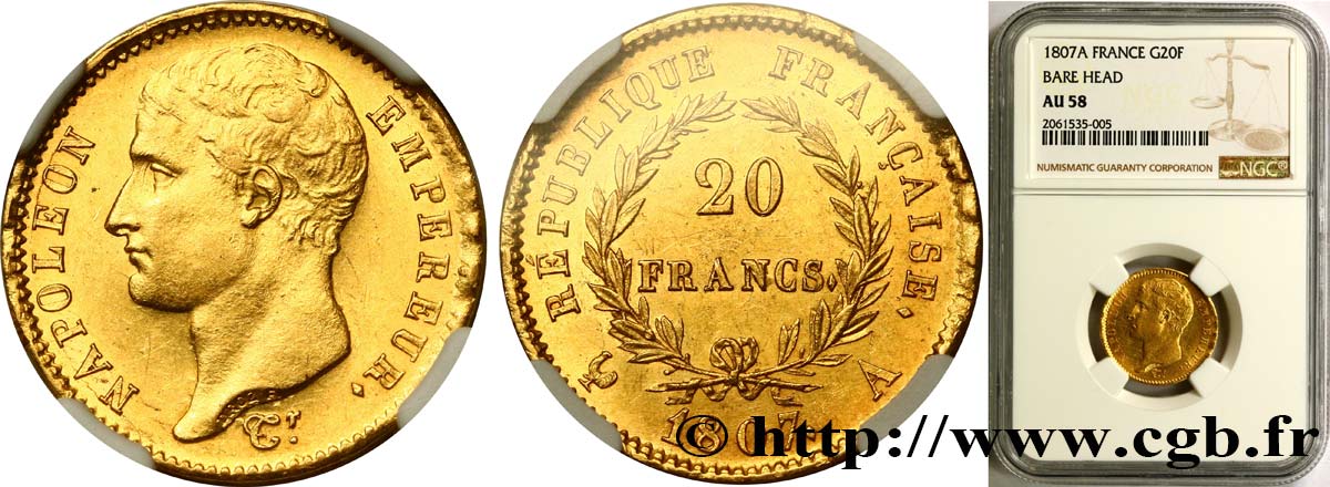 20 francs or Napoléon tête nue, type transitoire 1807 Paris F.514/1 EBC58 NGC