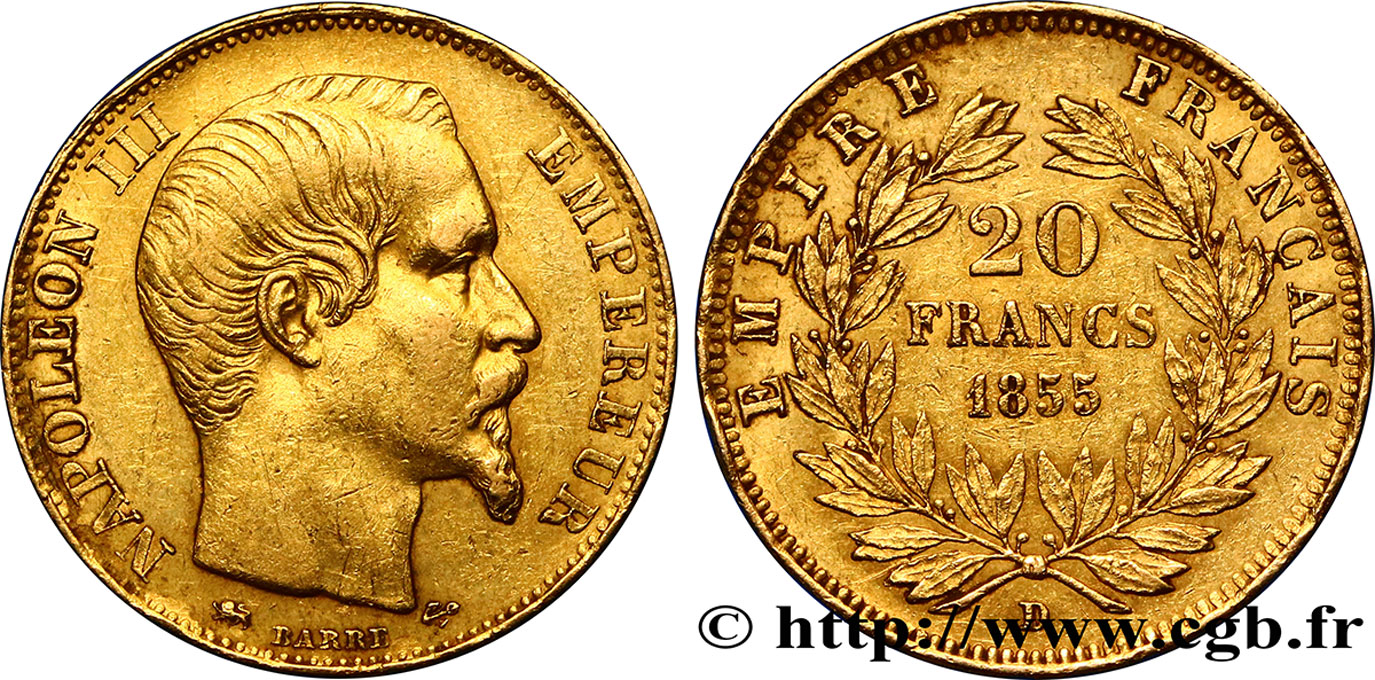 20 francs or Napoléon III, tête nue 1855 Lyon F.531/7 XF45 
